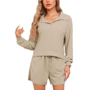 Waffle Knit Top and Shorts Long Sleeve Pajama Set with Pockets Beige